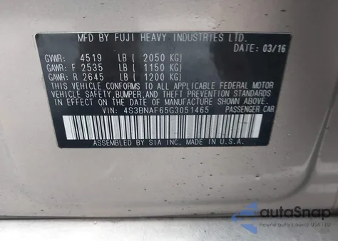 2016 Subaru Legacy 2.5I Premium from USA, damaged, VIN 4S3BNAF65G3051465